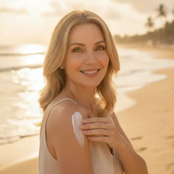 Modelo criada por IA aplicando o mesmo produto na praia